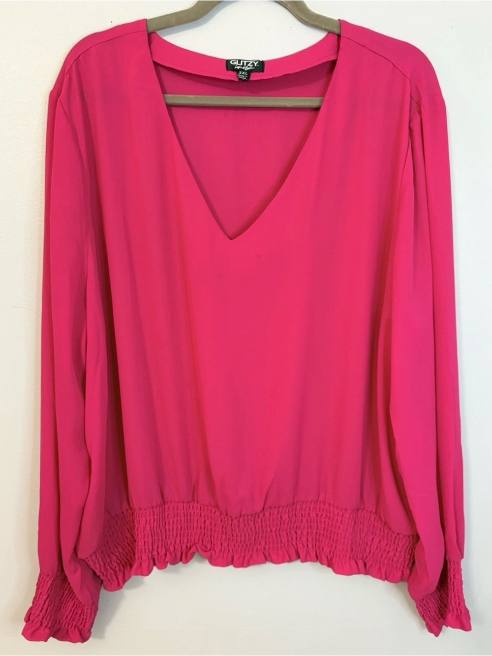 Glitzy Hot Pink V-Neck Long-Sleeve Blouse